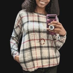 Gray Plaid Sweater with Pockets